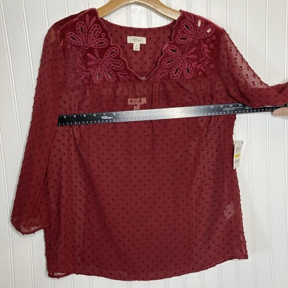 Style & Co NWT Womens Med Eyelet Red 2-pc 3/4 Bell Sleeve Velvet Sheer Tunic Top - Picture 9 of 13